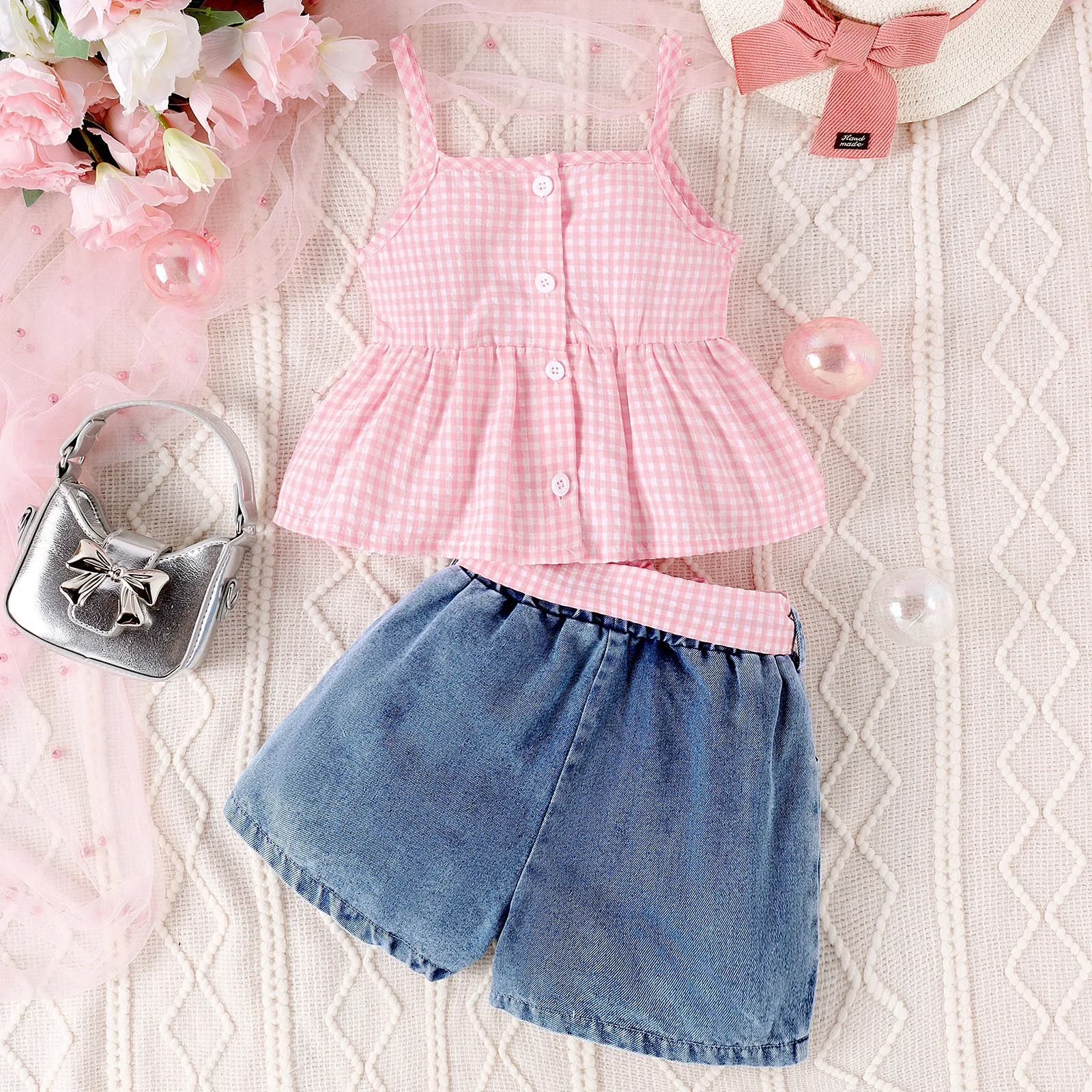 2 Stuk Zomer Meisjes Outfit Sets Koreaanse Mode Plaid Roze Leuke Mouwloze Baby Tops + Denim Shorts Boutique Kinderkleding BC201