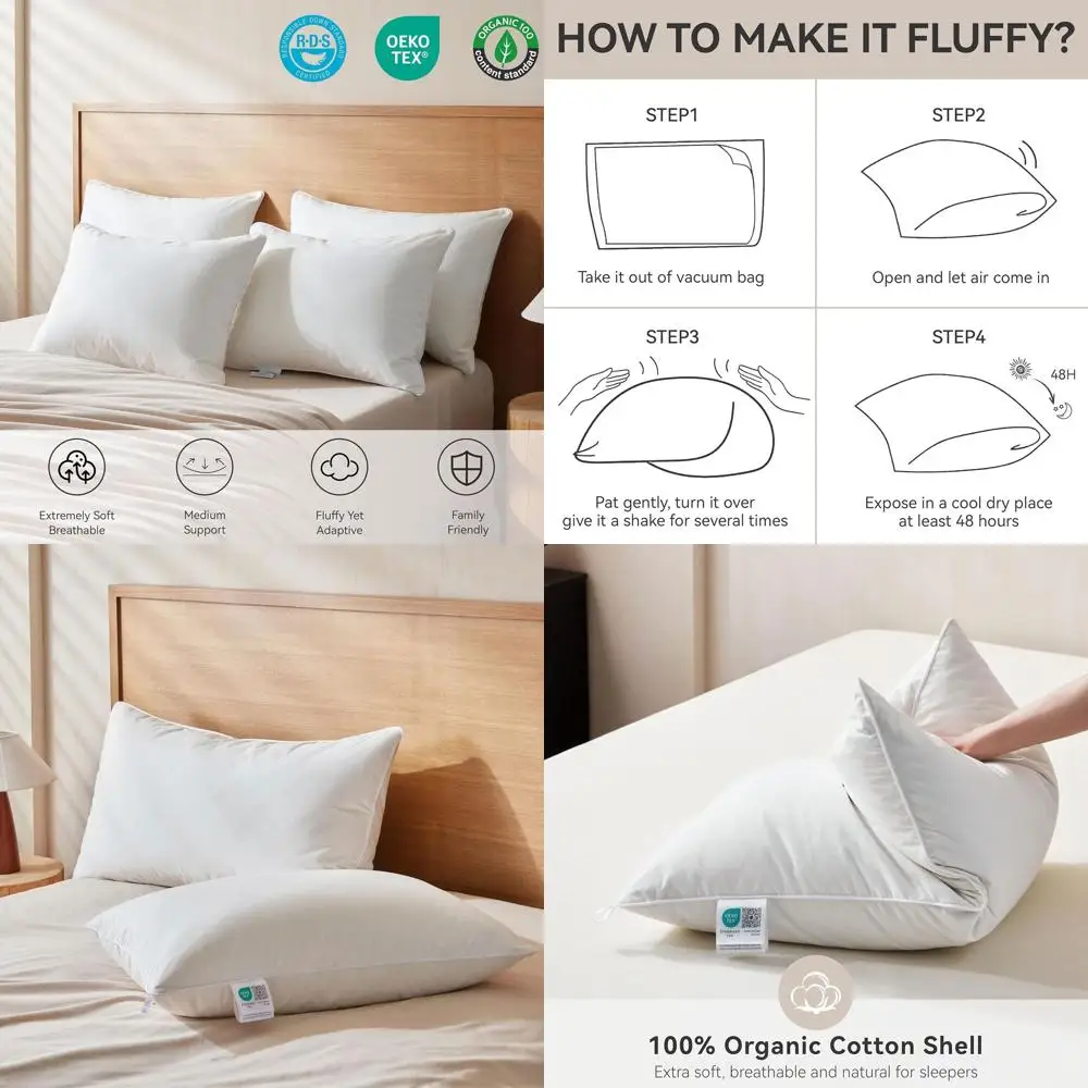 

Queen Size Goose Down Pillows Set of 2 - Organic Cotton, Plush & Breathable Luxury Pillows for Comfortable Sleep (20 x 30)