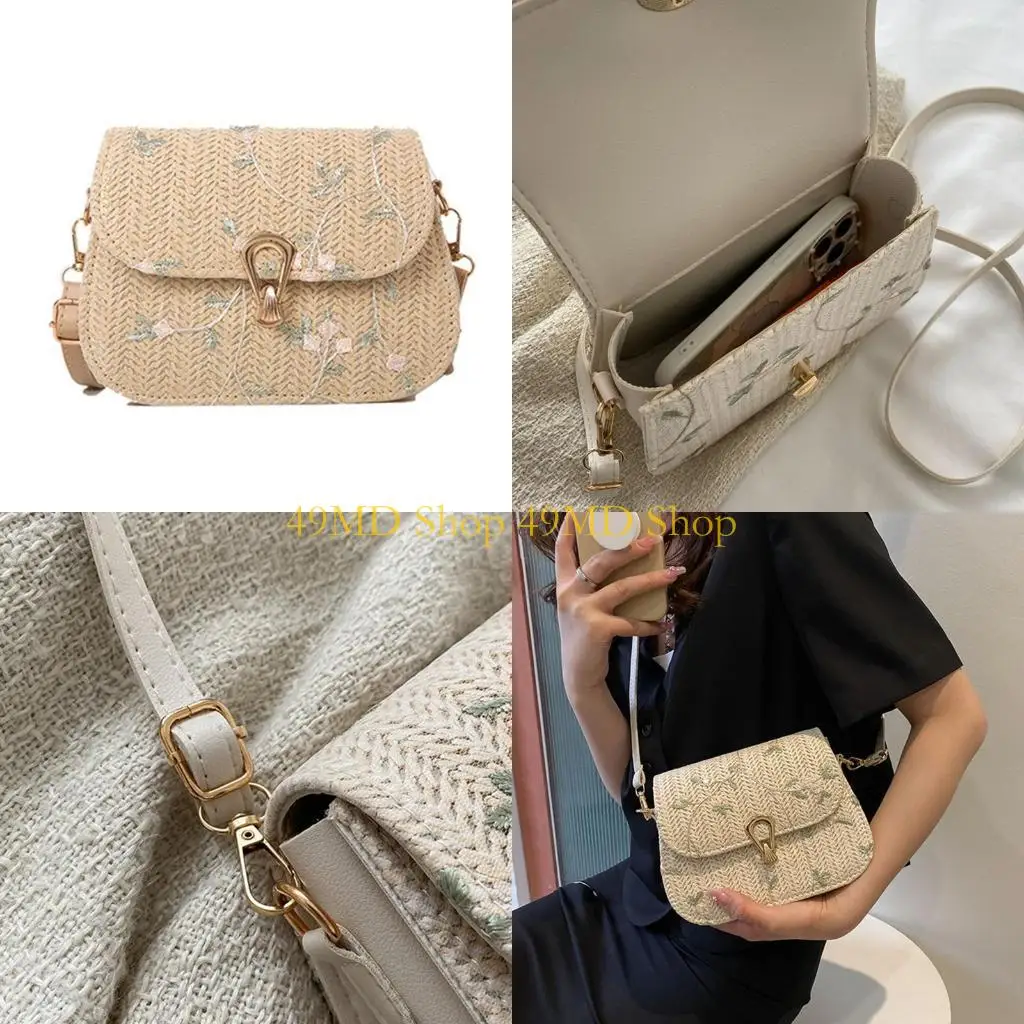 

49MD Delicate Lace Flower Straw Woven Bag Saddle Bag Crossbody Bag Shoulder Bag for Beach Vacation
