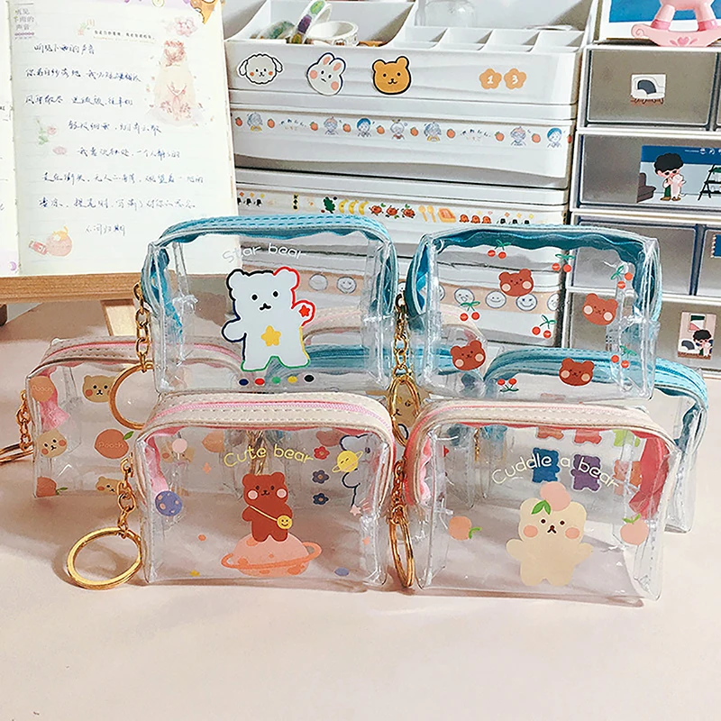 Monedero transparente de dibujos animados con llavero, cartera bonita, portátil, impermeable, Mini bolsa de almacenamiento