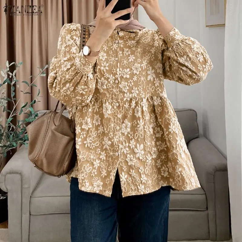 

ZANZEA, модная женская рубашка, осень 2021, блузка с вышивкой, весенние элегантные топы с длинными рукавами-фонариками, мусульманская блузка на пуговицах, Blusas