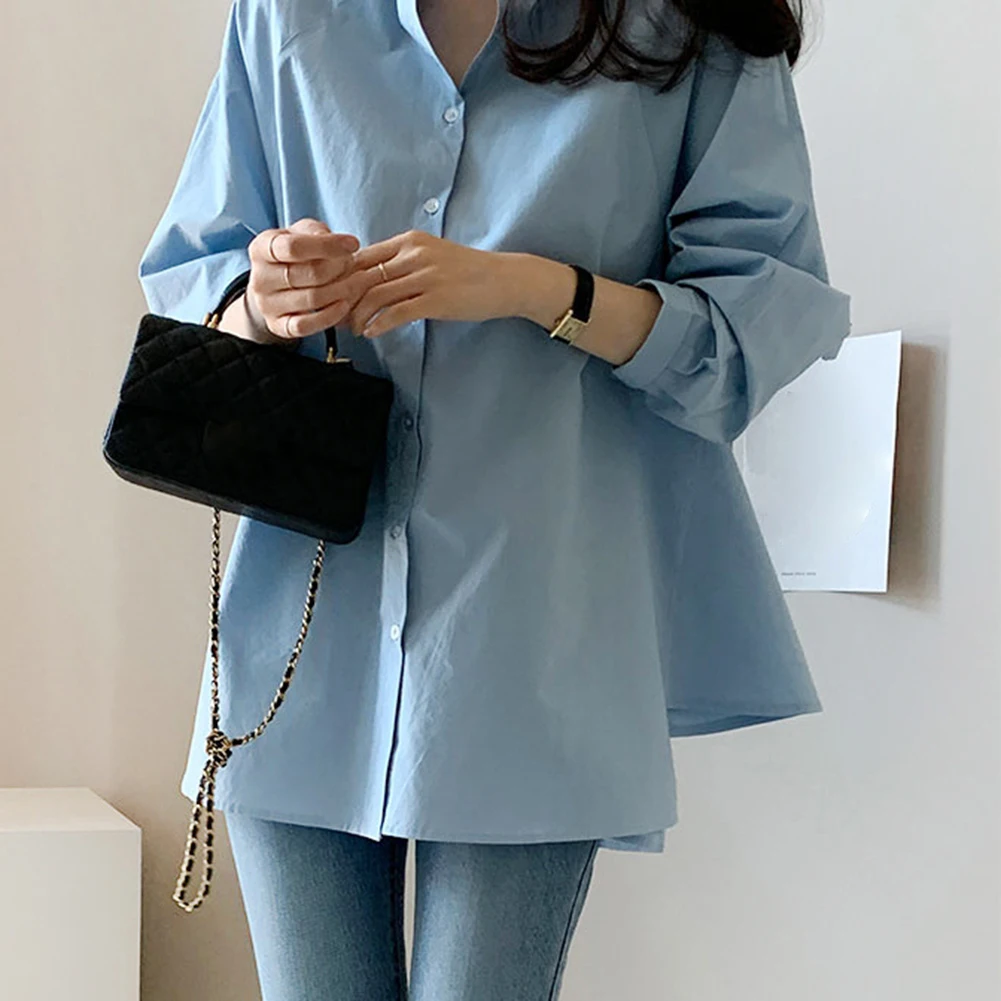 편안한 아크릴 소재로 제작된 독창적인 독특한 디자인의 단색 여성용 긴 소매 루즈핏 셔츠