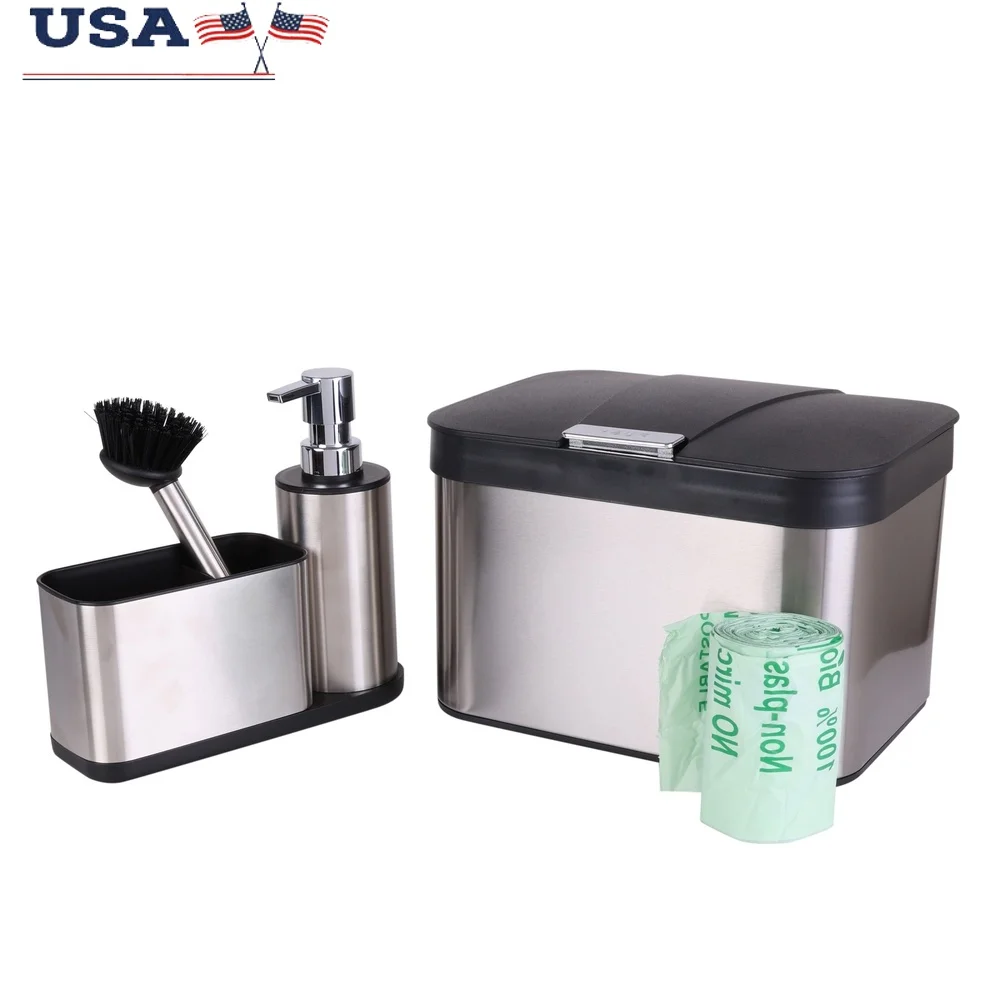 

Контейнер для компоста из нержавеющей стали со съемным вкладышем, биоразлагаемые мешки, органайзер для раковины, щетка для скраба, минимизирующий запах кухонных отходов