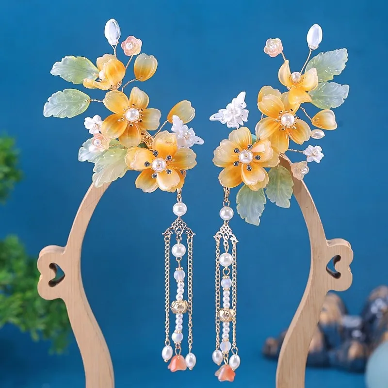 

2 шт., винтажные заколки для волос, аксессуары для волос, головной убор с цветком ханьфу, заколки с жемчугом и кисточками, антикварные свадебные украшения для волос