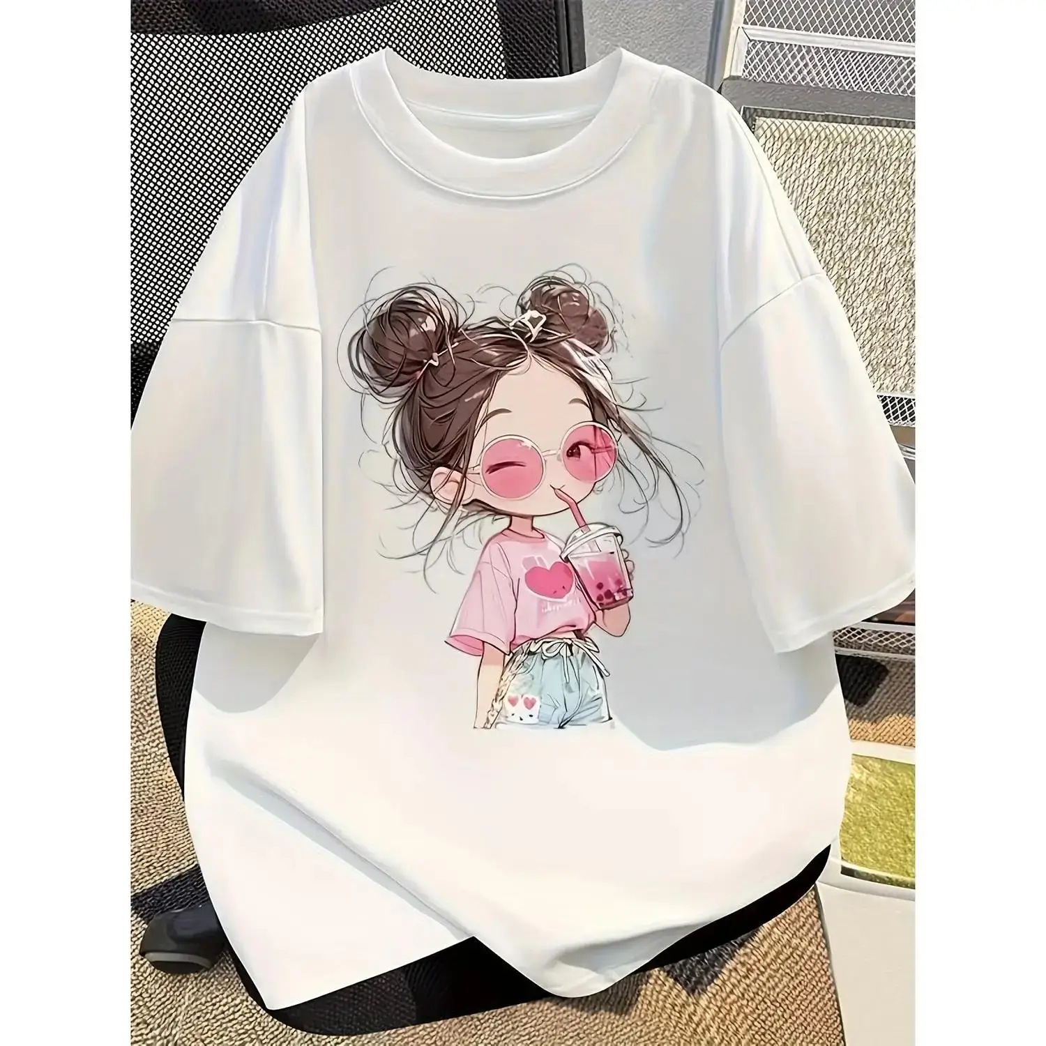 100 Percent Cartoon Cute Printed Cotton T-shirt Short Sleeve Round Neck Summer New Loose Fit for Women