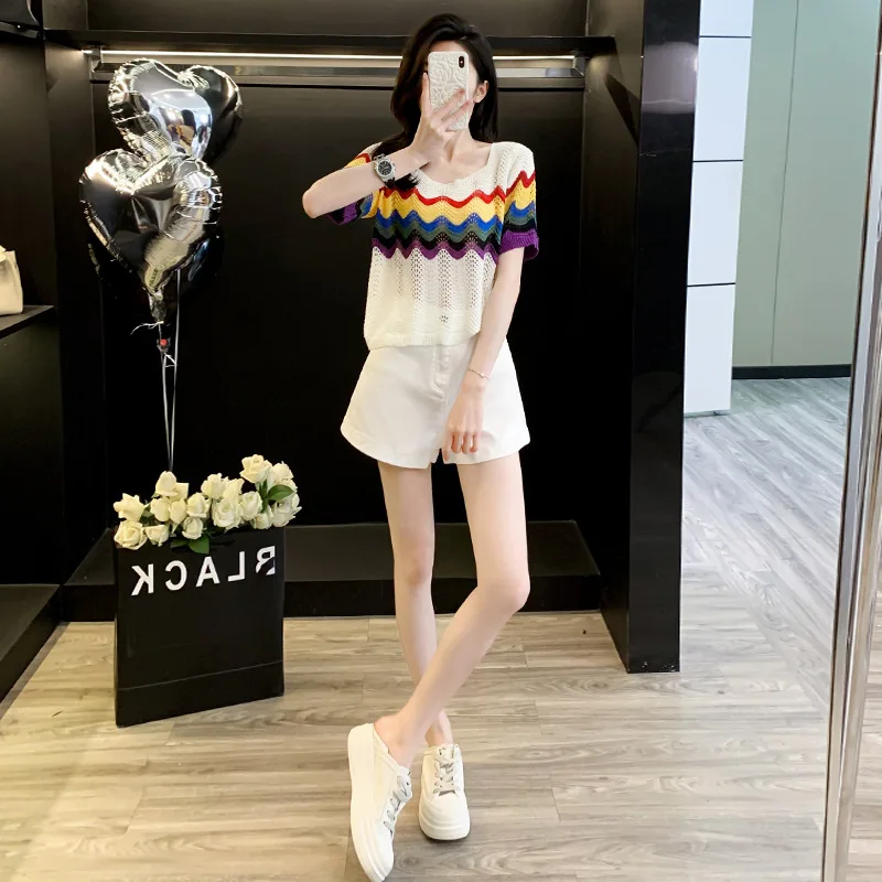 

Rainbow Hollow Knitted Sweater Women's Summer Top Denim Shorts Fashion Suit with A Complete Set of Small Wear