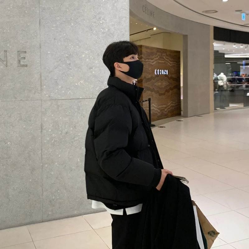 

Bla Sli Thiened Cotton Jaet Men's Winter ort Sle Korean Couple Bread Coat Zipper Closure Casual Loose Fit