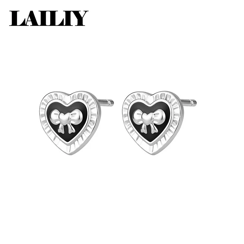 LAILIY 925 Sterling Silver Heart Shaped Bow Stud Earrings For Women Girls Fashion Jewelry Party Gifts