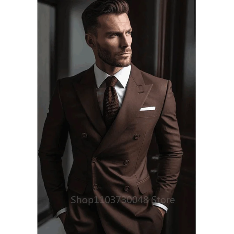 New Style Coffee Wedding Suits Groom Tuxedos Business Men Suits Perak Lapel Double-Breasted Jacket Prom Dinner Blazer Pants