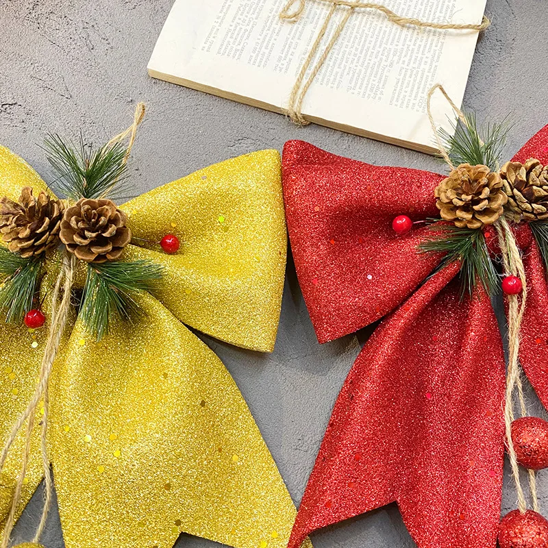 Christmas Gold Dust Large Ribbon Bow Xmas Tree Hanging Decoration Supplies Sparkling Glitter Bow Hanging Pendant Party Ornaments