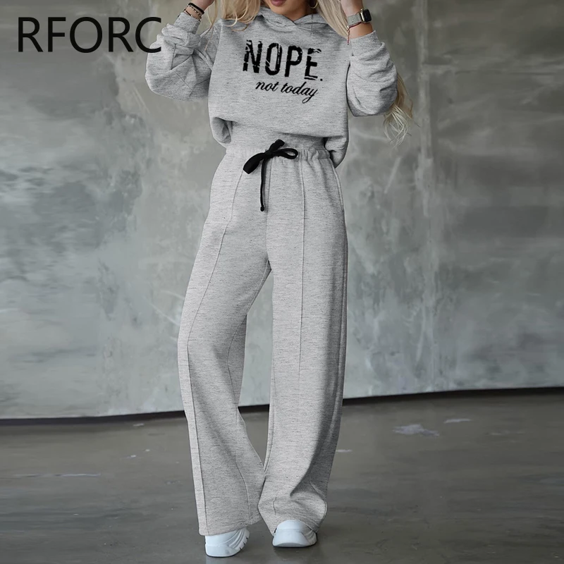 2023 Women Letter Print Hooded Sweatshirt Top & Drawstring Bottoms Two Pieces Casual Pants Set