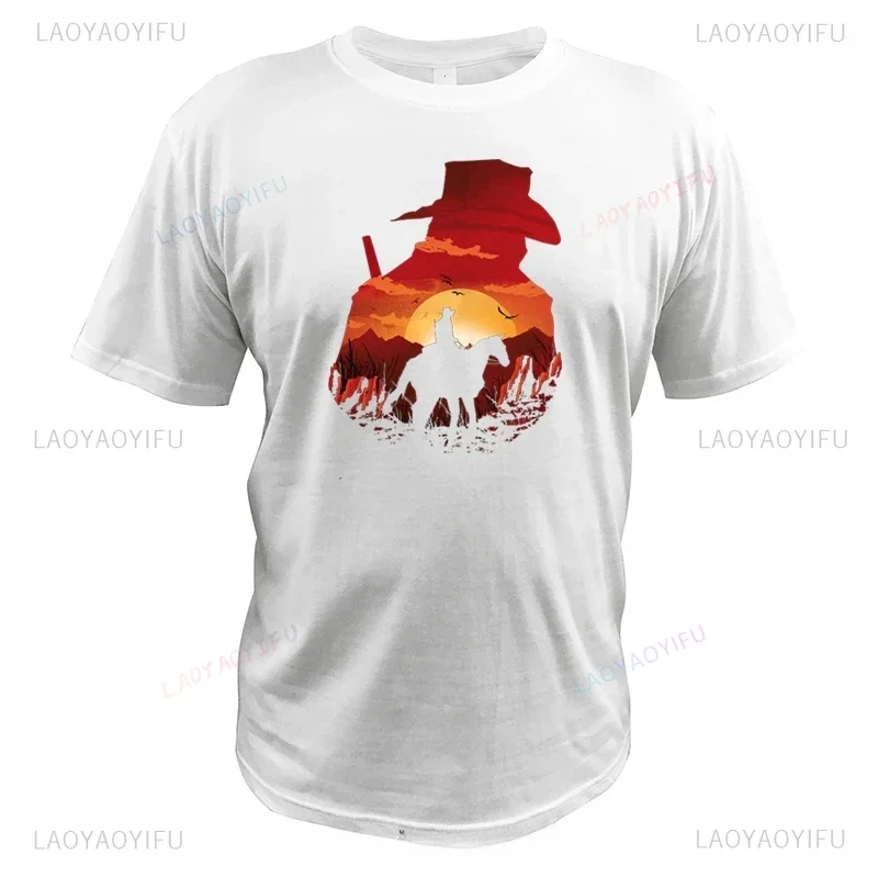 Dead Redemption T Shirt Game Red Sunset Digital Print Summer Short-sleev Camiseta Cowboy Riding Dutch Van Der Linde Mans Tshirt