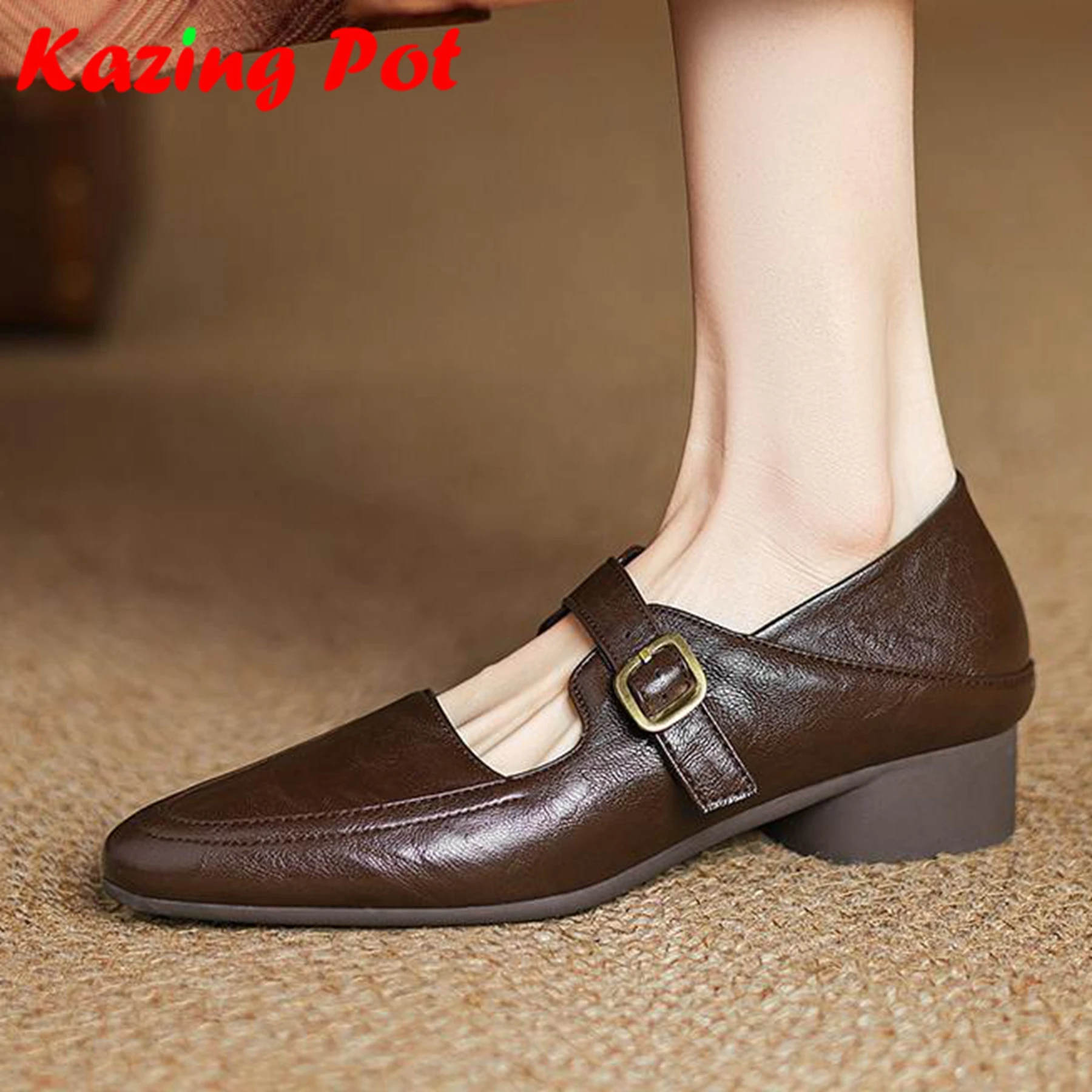 

Krazing Pot Microfiber Round Toe Autumn Med Heels Black Brown Metal Buckle Straps Plus Size 43 42 Modern Fashion Ins Women Pumps