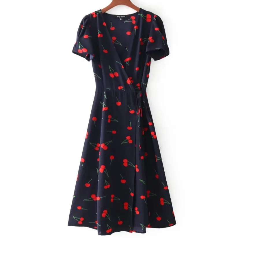 فستان ملفوف بطباعة جذابة، فتحة عنق على شكل حرف V، تصميم نحيف، فستان نسائي مطلوب بشدة، خصر مرتفع، تنورة غير منتظمة، أكمام قصير...