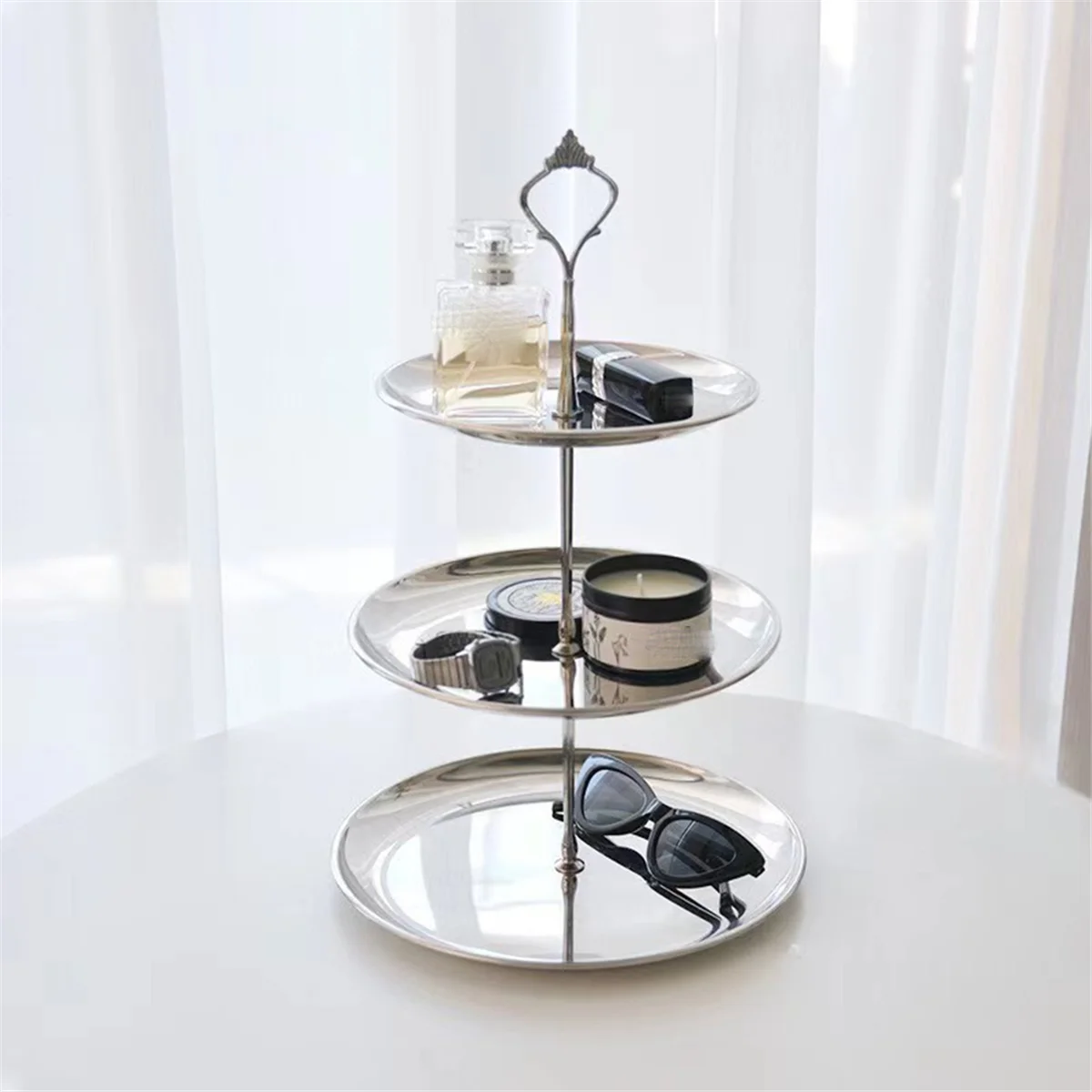 Stainless Steel Multi-Layer Tray Dessert Plate Fruit Plate Snack Plate Display Plate Cupcake Rack Silver