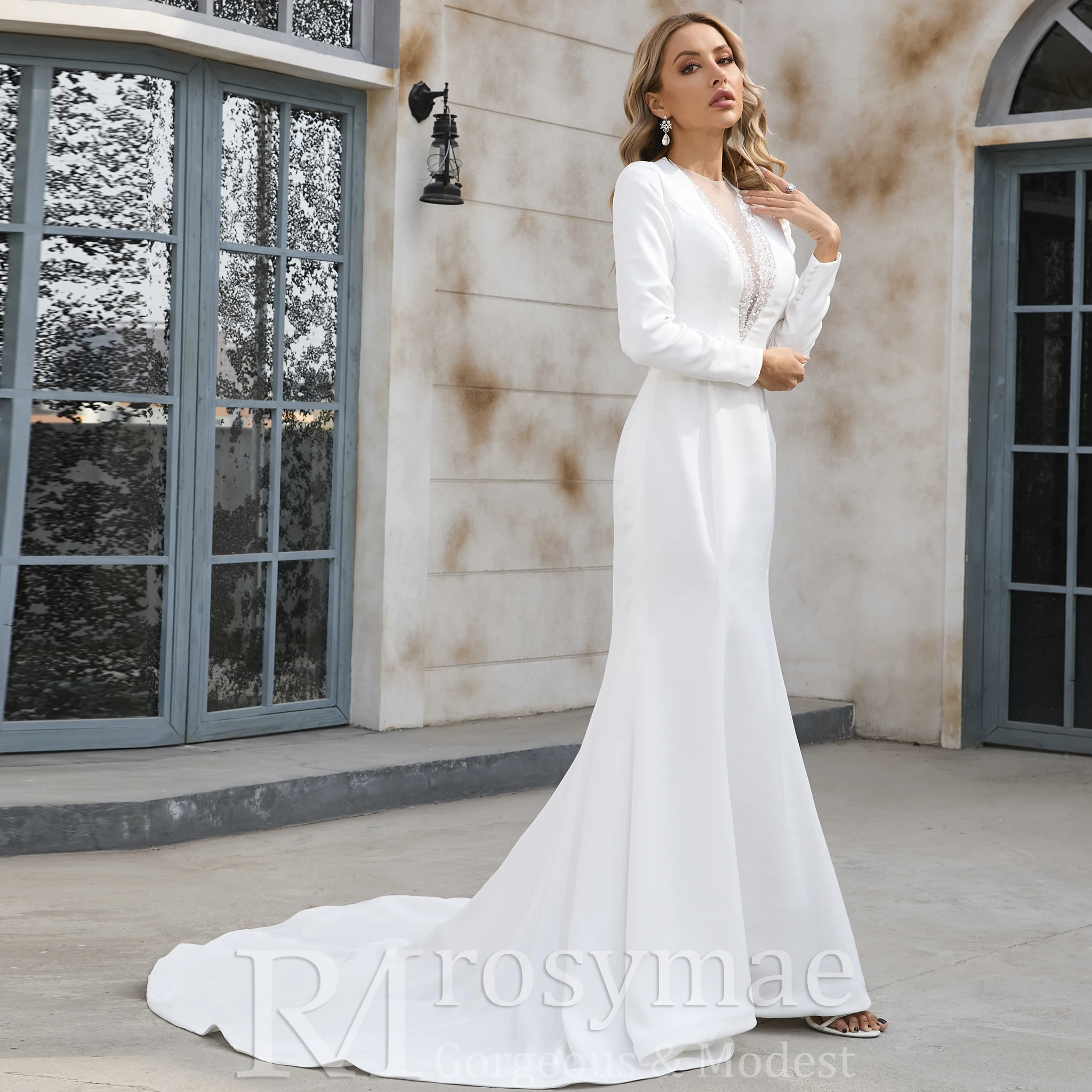 Rosymae zeemeermin satijnen trouwjurk met V-hals en lange mouwen vestido de novias