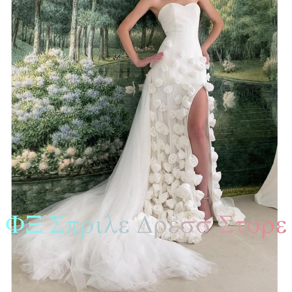 Zipper Voltar Flores Capela Trem Reta Side Slit Exquisite e Temperamento Vestidos Pavimento Comprimento Tulle mangas