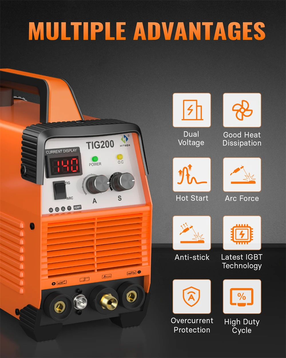 TIG Welder 200A HITBOX TIG200 3 in 1 HF TIG MMA ARC Stick IGBT Inverter Welding Machine Arc Force Hot Start Outdoor Home DIY