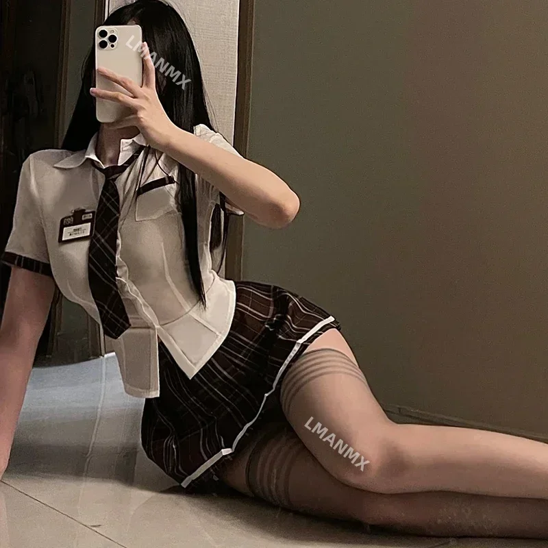 Conjunto de uniforme de estudiante Sexy para mujer, disfraz de Cosplay de fiesta temática, minifalda, conjunto de blusa ajustada, lencería