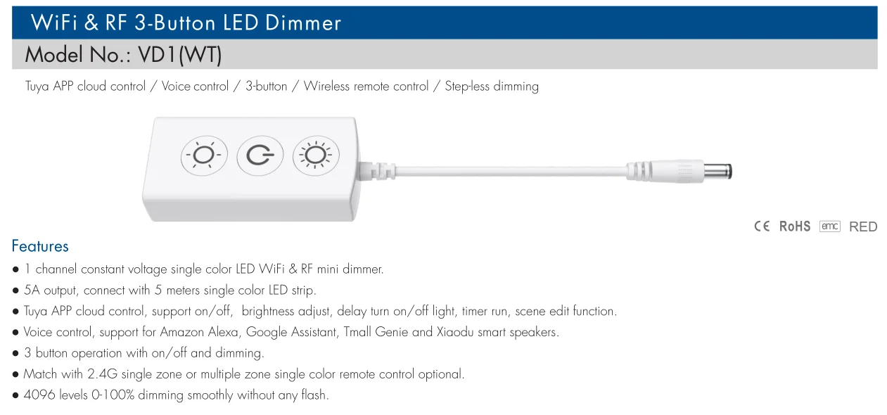 VD1รีโมทควบคุมแอลอีดี Wi-Fi & RF 3ปุ่มใหม่ (WT) 5A 1CH ไร้สาย CV นำ CONTRL ความสว่างสำหรับแถบไฟ LED สีเดียว5เมตร