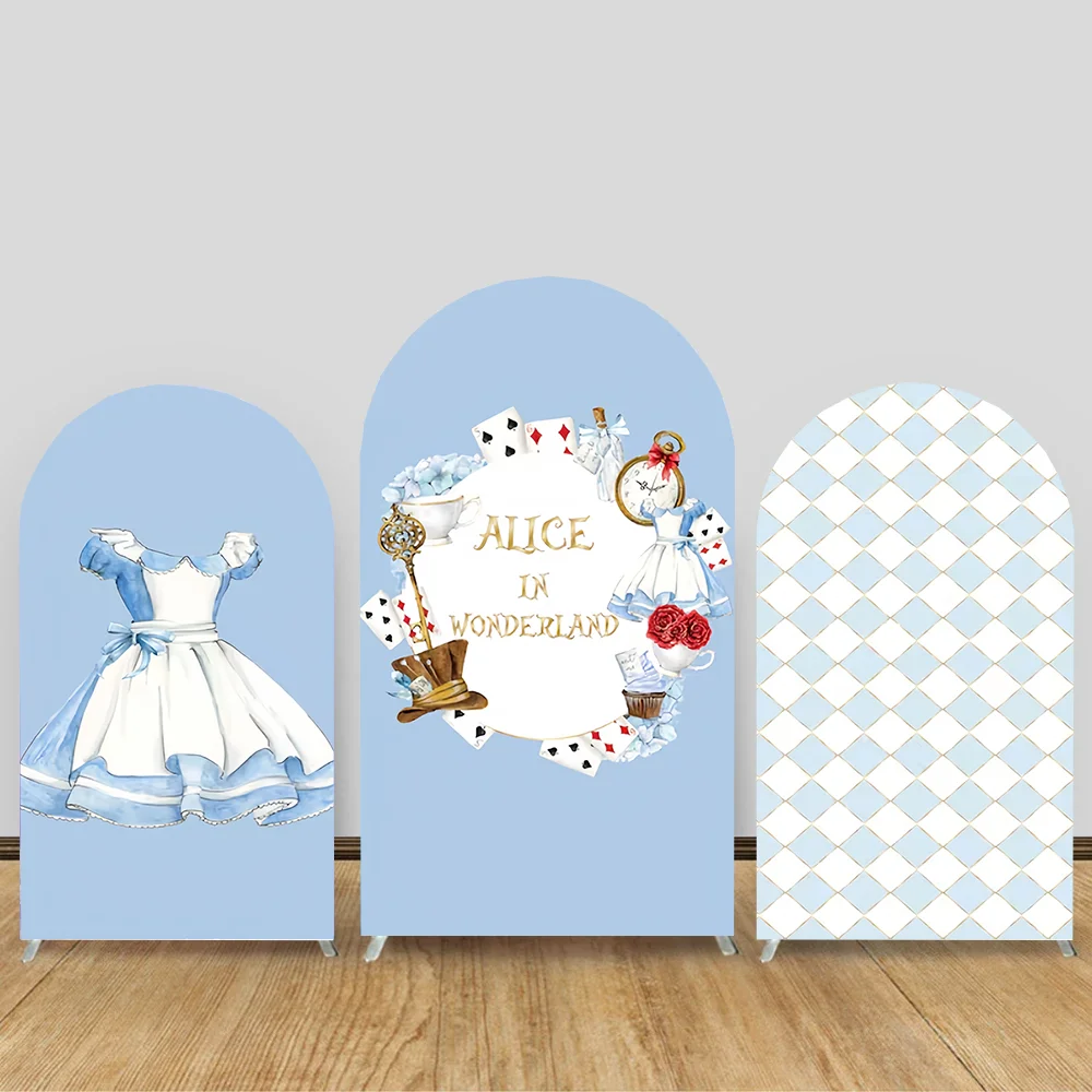 Alice in Wonderland Arched Cover Backdrop for Girl Birthday Tea Party Clock Flower Pink Background Double-sided Booth