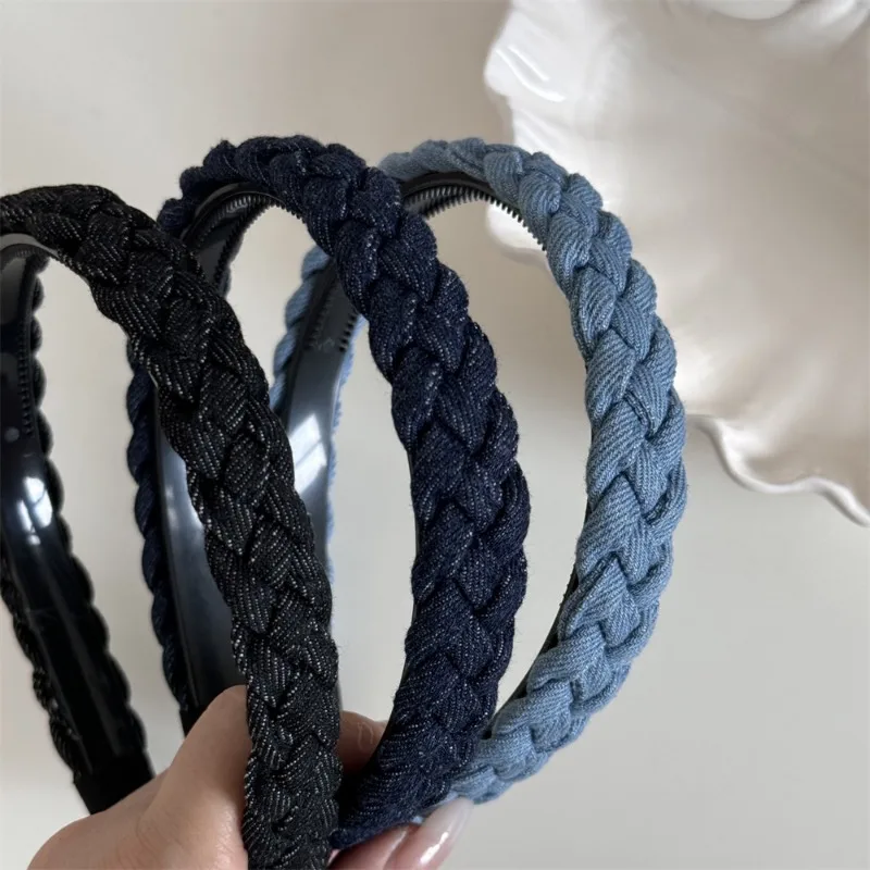 Denim Color Twist Fabric Headband with Teeth Fixed All-Matching Girlish High Sense Mori Sweet Hairpin Hair Hoop