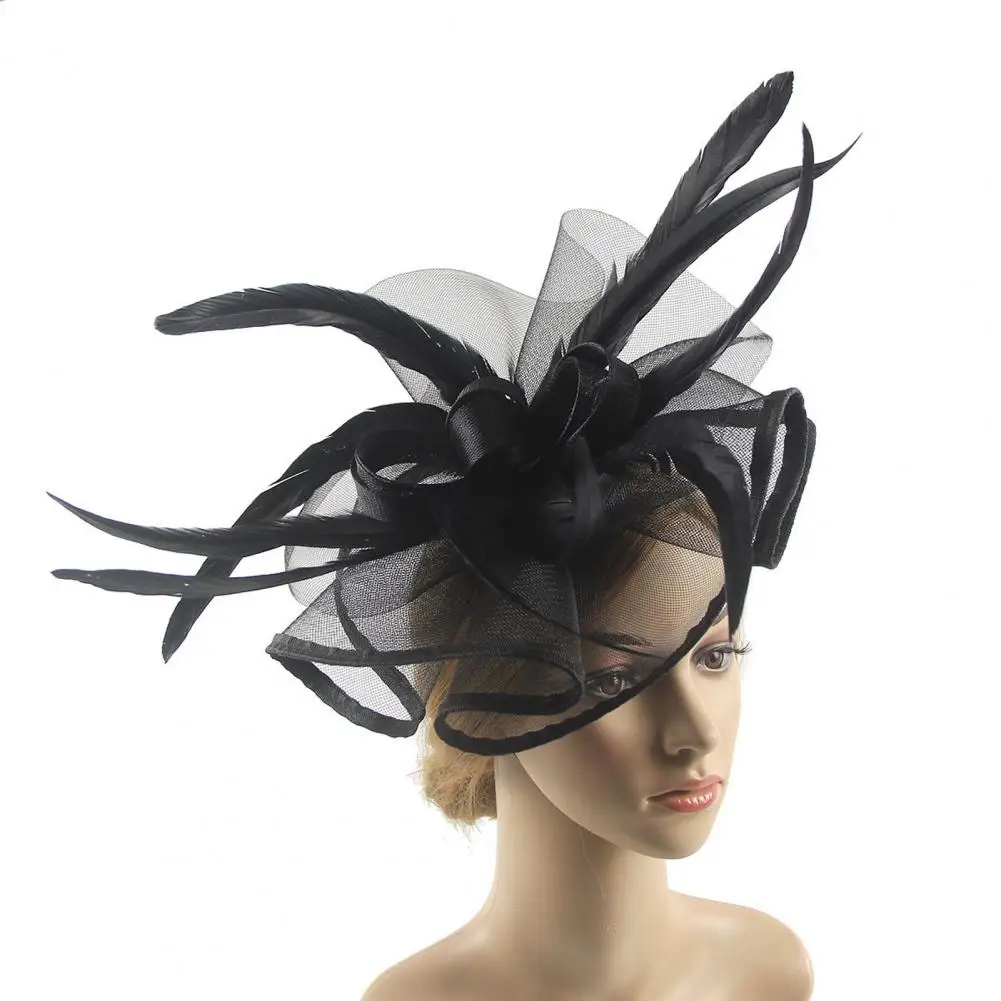 Elegant Fascinator Hat with Hair Clip Decorative Feather Bowknot Mesh Decor Hat Hair Accessory Wedding Bridal Cocktail Headwear