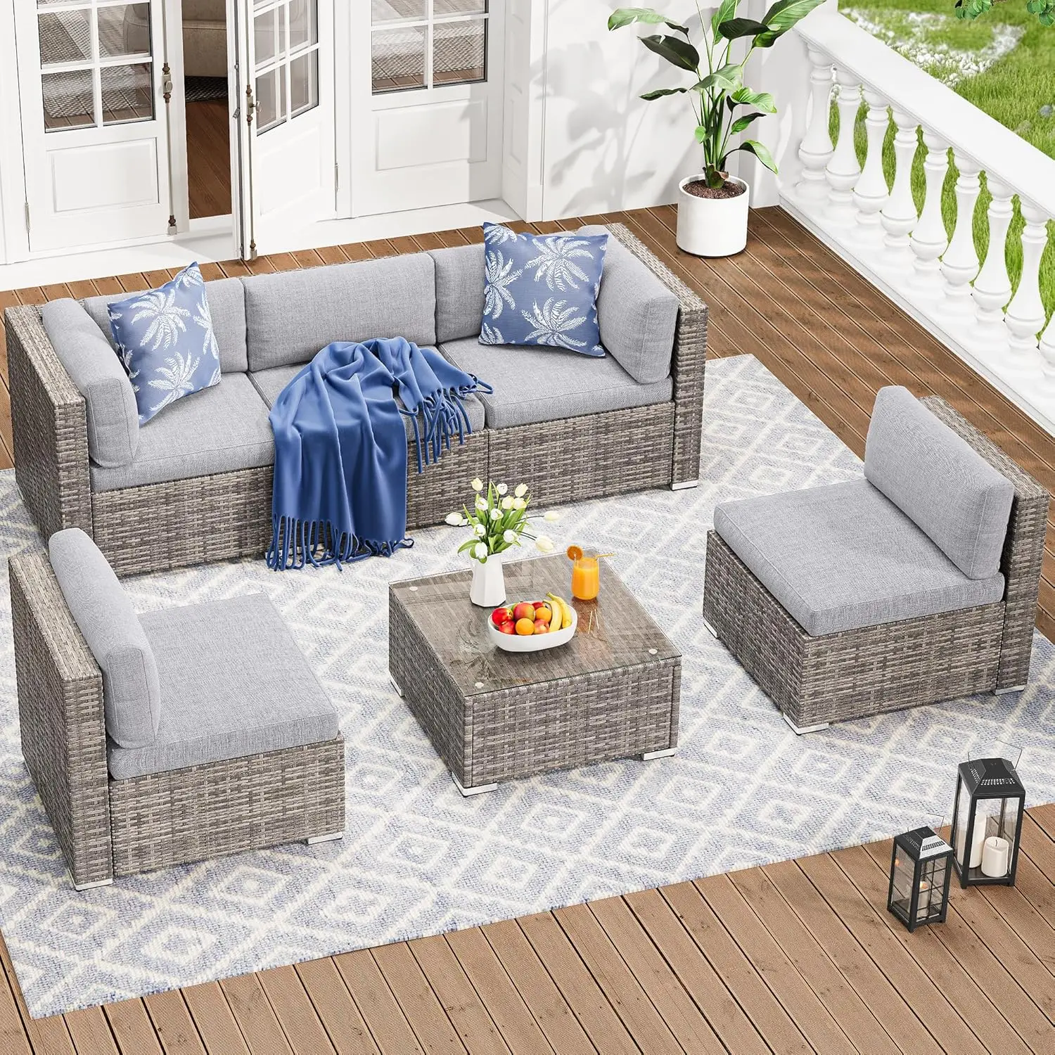 

Outdoor Patio Furniture Set, Sectional Sofa PE Rattan Wicker Conversation Set Outside Couch w/Table and Cushions for Porch