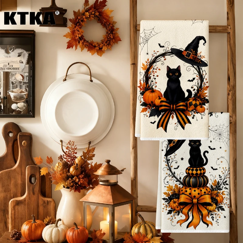 2Pcs Halloween Black Cat Pumpkin Kitchen Towels Absorbent Cleaning Cloth Winter Home Goods Christmas Gift Decor