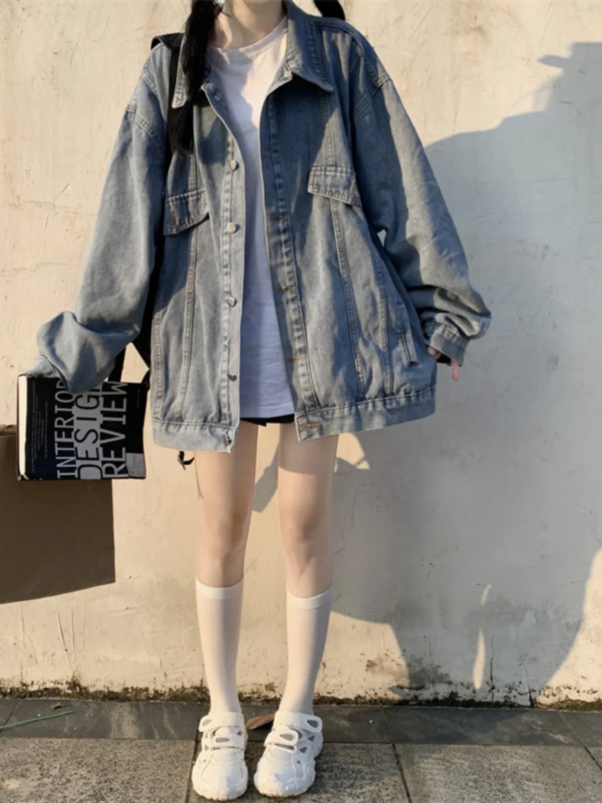 

Loose Women's Denim Jacket Spring Autumn plus Size Slimming Long Sleeve Workwear Jacket Casual Style Button Closure Neck