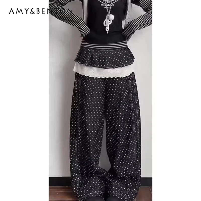 

2026 New Sweet Cool Casual Style Fake Two Pieces Women's Skirt Pants Retro Black Polka Dot Versatile Fart Curtain Jeans Ladies