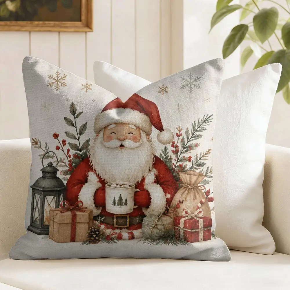 Joy Peace Love Merry Christmas Cushion Cover Natural Linen Organic Fabric Double-Sided Printing Breathable Gift For Decor