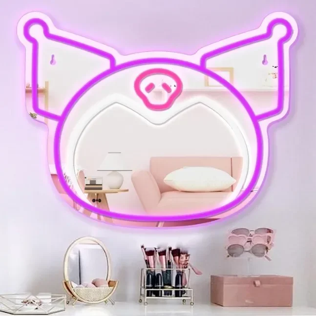 Sanrio Kuromi Cartoon Mirror Neon Bedroom Kuromi Makeup Mirror Decorative Light Acrylic Mirror Girl Gift Night Lights Wall Decor