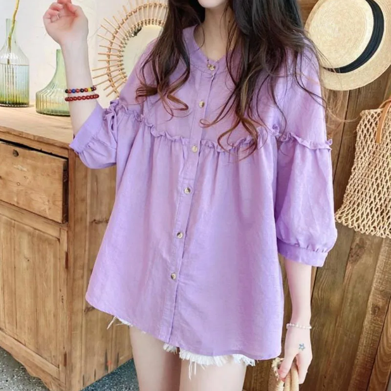 Korean Loose Women\'s Solid Color Half Sleeve Blouse Summer Female Clothing All-match Simplicity Single-breasted Spliced Shirt