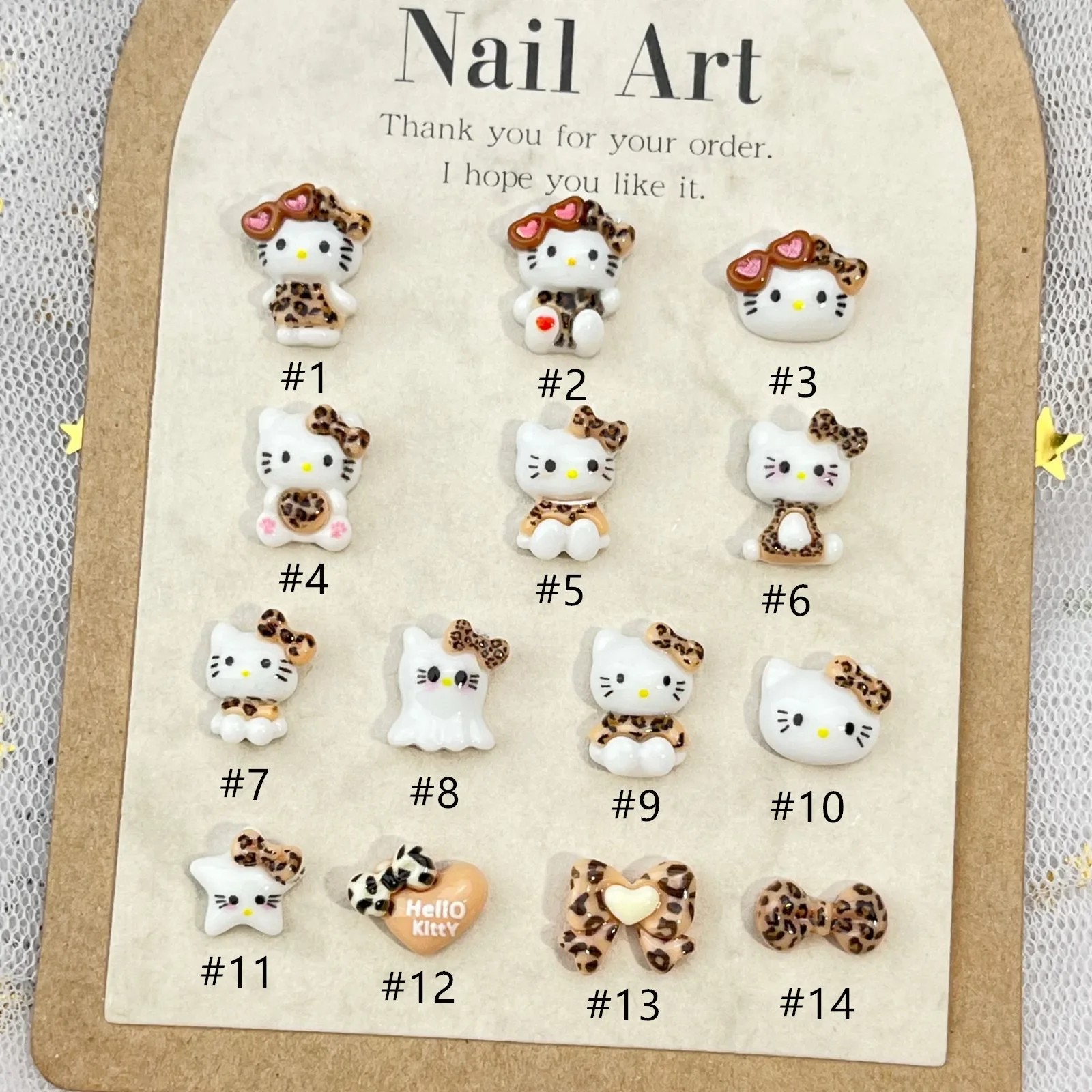 Sanrio Hello Kitty Fine Shining Nail Art Cartoon 3D Leopard Print with Bow Dress Up Series Girl Cute Handmade Nails Accessories