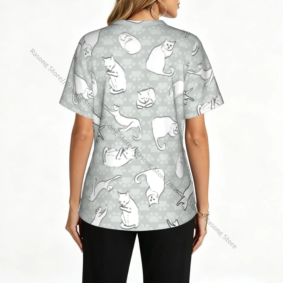 Women V Neck Scrub Top Cats Background Short Sleeve Nurse Hospital Uniforms Female Spa Beauty Salon Working Clothes with Pocket