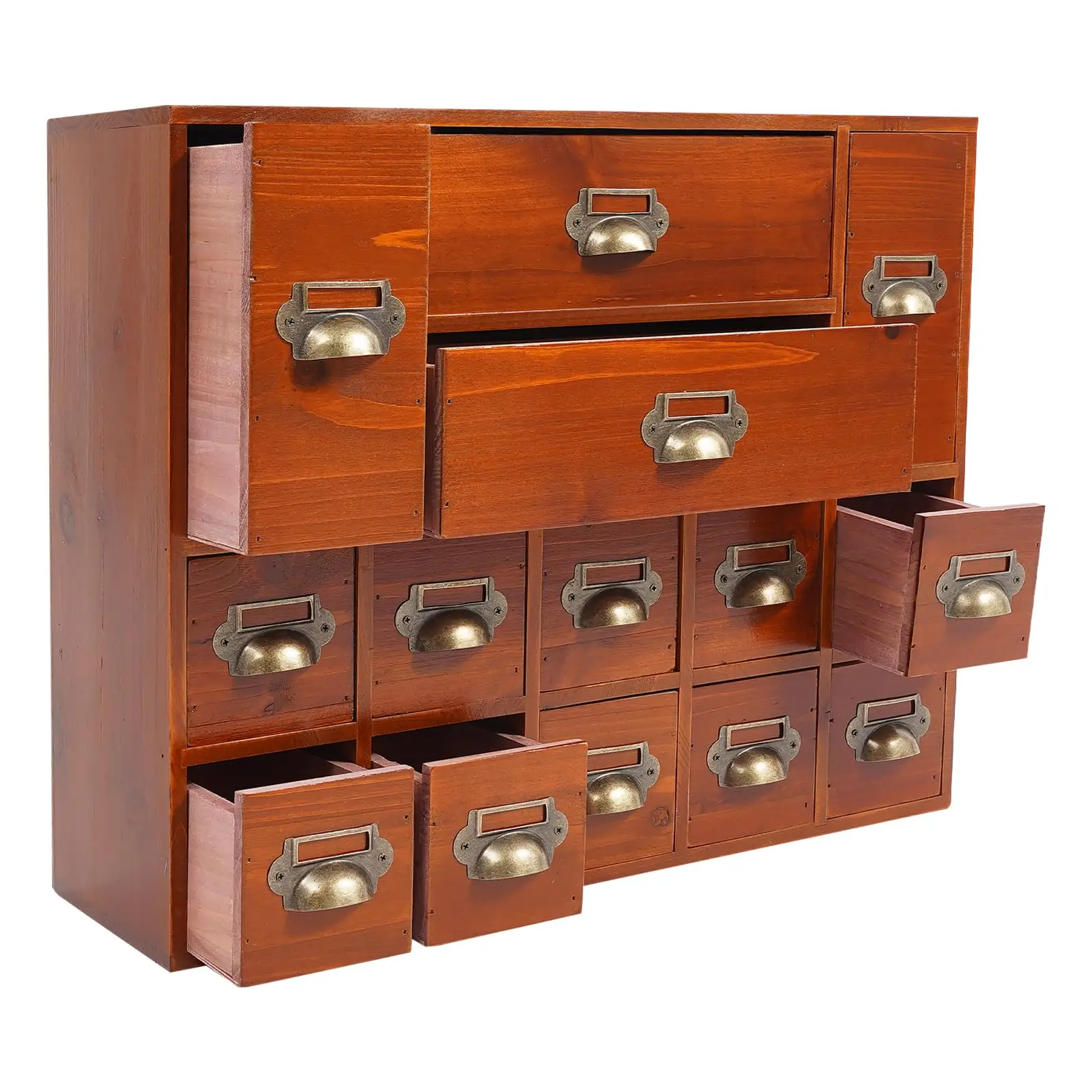 

14-Drawer Wood Desk Drawer Organizer, Vintage Tabletop Apothecary Cabinet - Card Catalog Cabinet Desk Organizer for Medicine, Te