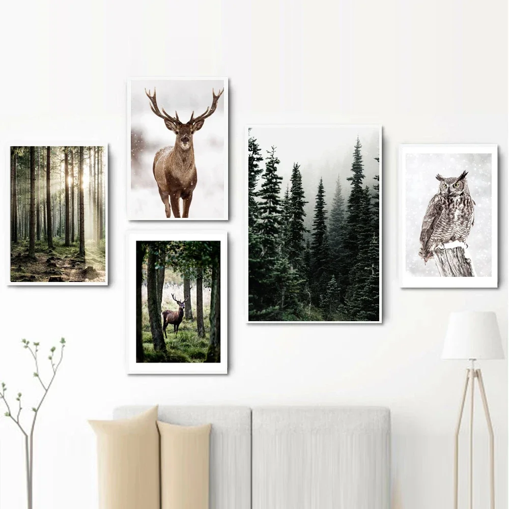 Canvas Painting Nordic Morning Scenery Winter Snow Forest Deer Owl Sunlight Landscape Poster Art Print Wall Pictures Home Decor