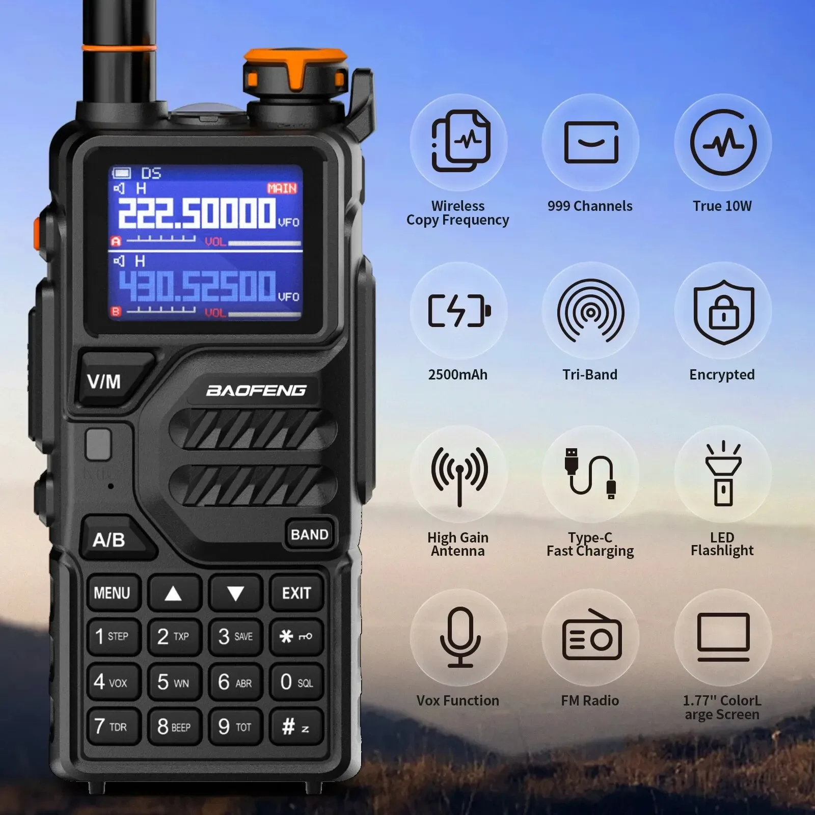 Baofeng K5 Plus 10-Watt 136-174/220-260/400-480MHz Type-C 2500mAh Battery 999CH  two way radio One-click frequency matching