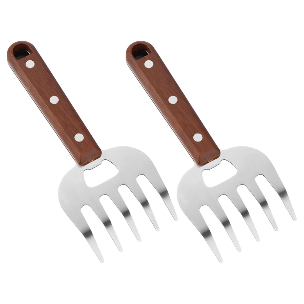 

2pcs Stainless Steel Meat Forks Wooden Handle Long Handle For Grilling Cooking Kitchen Tool Bbq Roasting Serving Pork Chicken