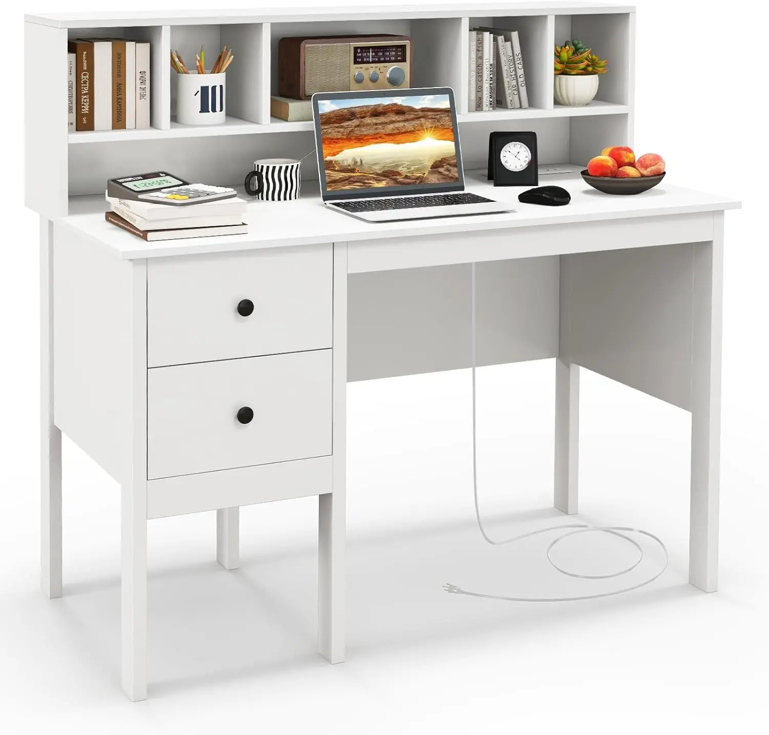 Giantex White Desk With Drawers & Hutch, Home Office Desk With Charging Station, 5 Storage Cubbies, Makeup Vanity Table, Modern