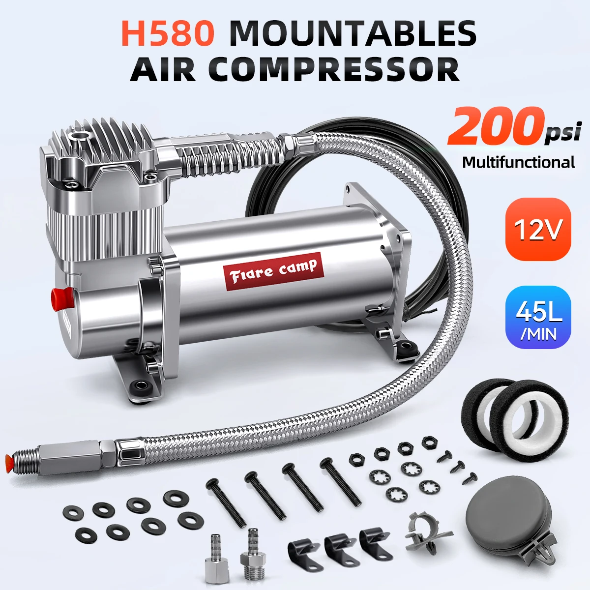 Heavy duty air suspension compressor 12V 200PSI/100% Duty Cycle/ Pump for Air Tanks, Bags, Air Horns Super Factory H580