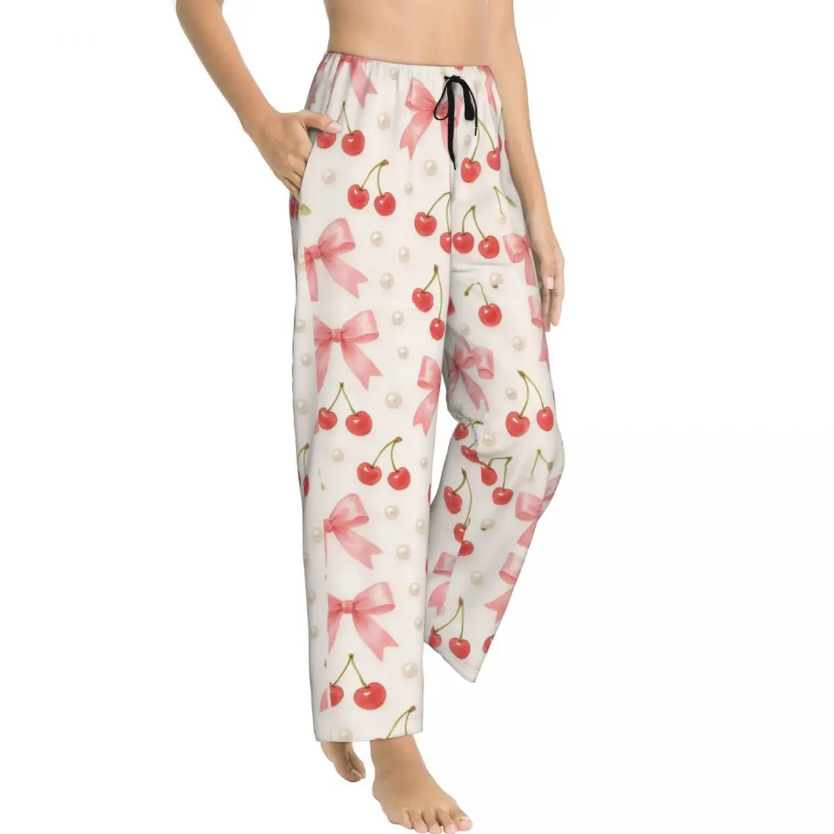 Pink Bows And Pearls Coquette Women's Lounge Pants Comfy Pink Bow Cherry Pattern Pajama Pants Home Sleep Bottoms