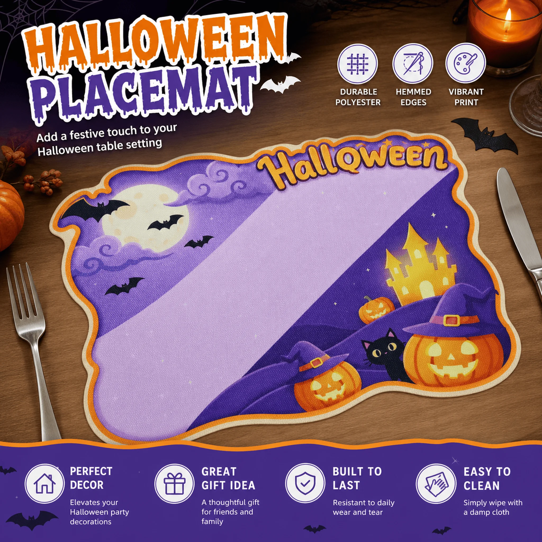 1/2/4pcs wavy polyester Halloween placemats, suitable for Halloween parties and birthday dinners