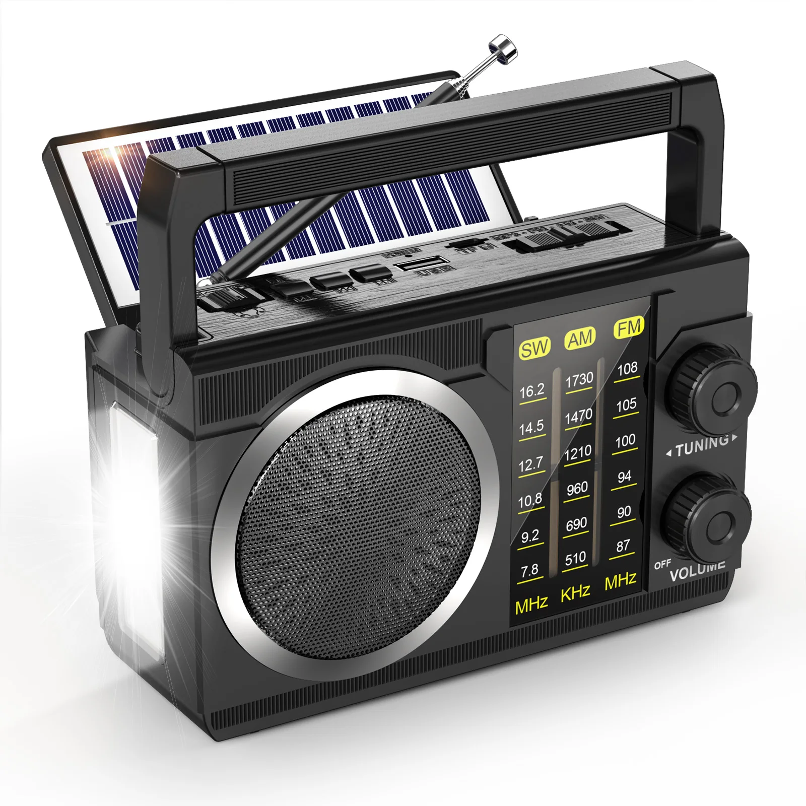J-135 Radios Retro AM FM SW Radio Altavoz Bluetooth portátil Solar USB-C célula seca Tarjeta TF Mejor sonido, linterna, tarjeta TF MP3
