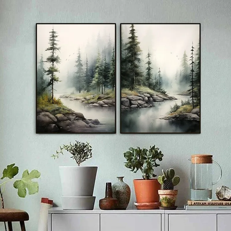 Forest Lake Watercolor Abstract Landscape Art Poster Mountain Evergreen Tree Pine Canvas  Living Room Log House Decor