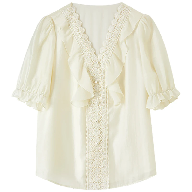 SENTUBILA 2025 Woman Chiffon Blouse V Neck Spliced Lace Shirts Bubble Short Sleeve Ruffle Shirt Summer Office Clothing 152V58447