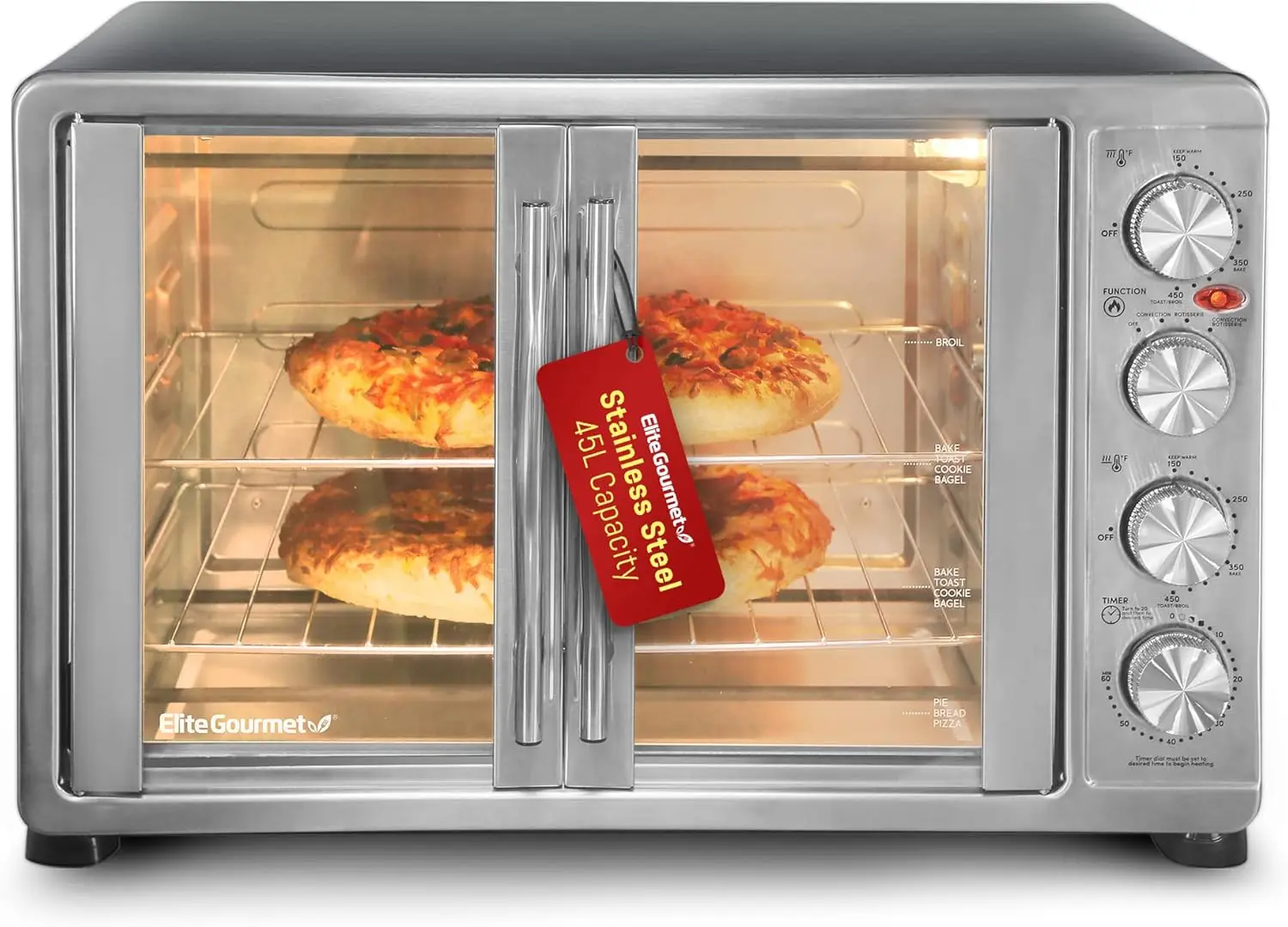 Gourmet ETO4510B# French Door 47.5Qt, 18-Slice Convection Oven 4-Control Knobs, Bake Broil Toast Rotisserie Keep Warm, Includes