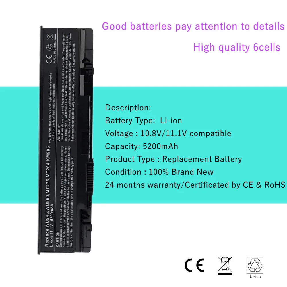 New 9cells Laptop battery For Dell Studio 1537 1555 1557 1558 PW772 PW773 RM803 RM804 WU946 WU959 WU960 WU965