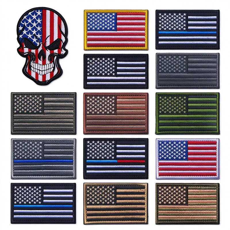 1PCS/2PCS US American Flag Skull Embroidered Patch Hook & Loop Tactical Morale Badge Military Backpack Vest Hat Jacket Applique